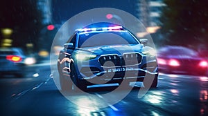 speeding American Police Car with Blue and red lights.motion blur,