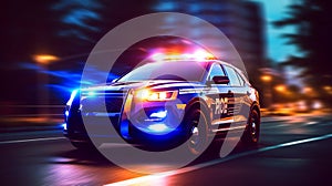 speeding American Police Car with Blue and red lights.motion blur,