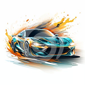 A speeding blue and orange sportscar on a white background.