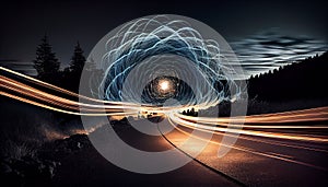 Speeding car igniting night sky in futuristic motion ,generative AI