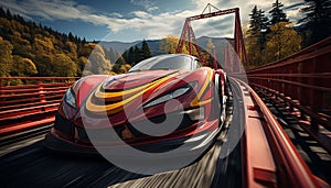 Speeding car races through the forest on a modern bridge generated by AI