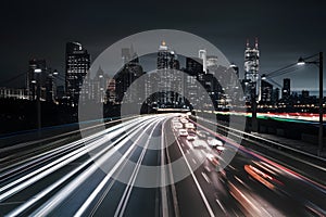 Speeding cars blur against illuminated city skyline backdrop