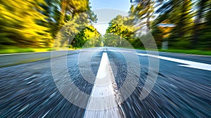 Speeding down an empty road, motion blur effect. Fast travel or delivery concept, daytime journey. Dynamic perspective