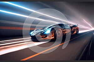 Speeding fast sports car drives on highway road with motion blur effects