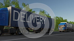 Speeding freight semi truck with DELIVERY caption on the trailer. Road cargo transportation. 3D rendering