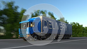 Speeding freight semi truck with DELIVERY caption on the trailer. Road cargo transportation. Seamless loop 4K clip