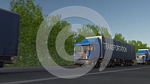 Speeding freight semi trucks with TRANSPORTATION caption on the trailer