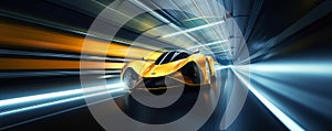 Speeding Through the Light: Futuristic Sport racing car at high speed riding in illuminated road tunnel. Generative AI