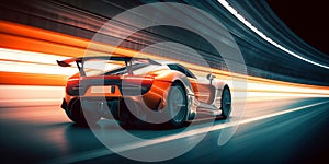 Speeding Through the Light: Futuristic Sport racing car at high speed riding in illuminated road tunnel. Generative AI