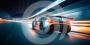 Speeding Through the Light: Futuristic Sport racing car at high speed riding in illuminated road tunnel. Generative AI