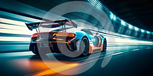 Speeding Through the Light: Futuristic Sport racing car at high speed riding in illuminated road tunnel. Generative AI