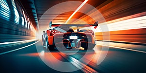 Speeding Through the Light: Futuristic Sport racing car at high speed riding in illuminated road tunnel. Generative AI