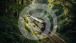 Speeding locomotive on blurred railroad track through forest landscape generated by AI