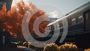 Speeding locomotive blurs through autumn landscape, passing city skyscrapers generated by AI