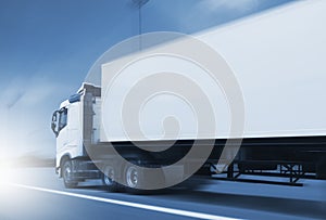 Speeding Motion of Semi Trailer Truck Driving on Highway Road. Industry Cargo Freight Truck. Logistics and Cargo Transport Concept