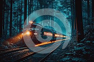 Speeding through the night Train lights create dynamic forest scenery