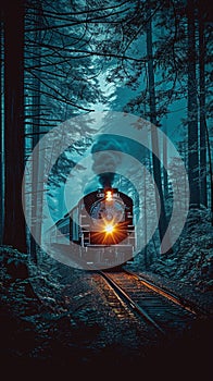 Speeding through the night Train lights create dynamic forest scenery
