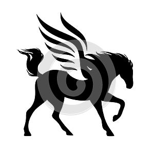 Speeding pegasus horse black vector silhouette