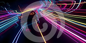Speeding racing car on neon highway. Powerful acceleration of a supercar on a night track with colorful lights and trails. AI