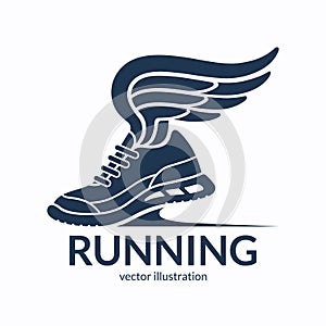 Speeding running shoe symbol, icon, logo. Sneaker silhouette with wings. Vector illustration