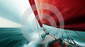 Speeding Sailboat with Red Sail on Open Sea