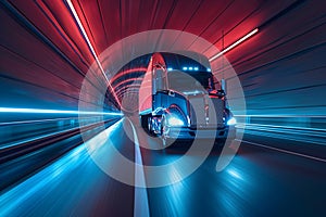 Speeding semi truck emerges from tunnel, symbolizing efficient transportation photo