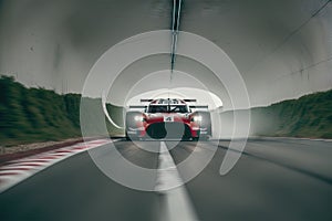 Speeding Sports Car On Highway tunnel. Powerful acceleration of a supercar on a night track, generative ai