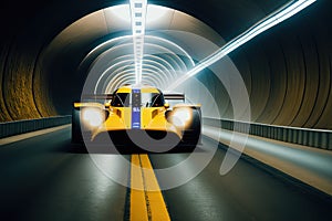 Speeding Sports Car On Highway tunnel. Powerful acceleration of a supercar on a night track, generative ai