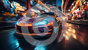 Speeding sports car illuminates the city with its shiny headlights generated by AI