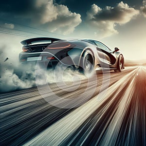 Speeding sports car kicks up dust of highway