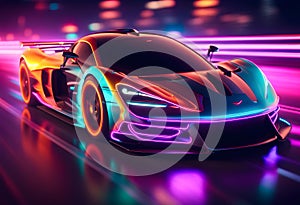 Speeding Sports Car On Neon Highway