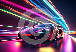 Speeding Sports Car On Neon Highway