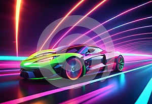 Speeding Sports Car On Neon Highway