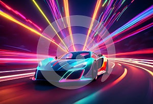 Speeding Sports Car On Neon Highway