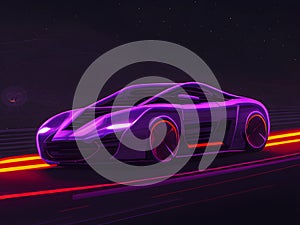 Speeding Sports Car On Neon Highway. generative AI