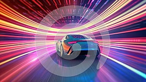 Speeding Sports Car On Neon Highway. Powerful acceleration of a supercar on a night track. Generative AI