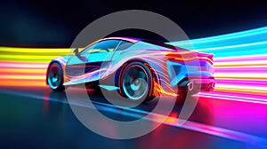 Speeding Sports Car On Neon Highway. Powerful acceleration of a supercar on a night track. Generative AI