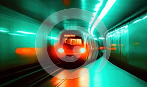 Speeding Subway Train in Neon Tunnel