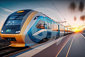 Accelerazione tramonto alto velocità il treno sul linee ferroviarie stazione. 