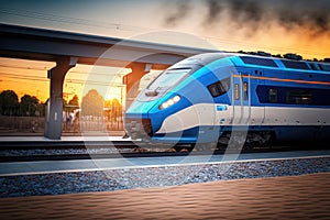 Accelerazione tramonto alto velocità il treno sul linee ferroviarie stazione. 