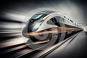 speeding train away from railway station. Generative AI