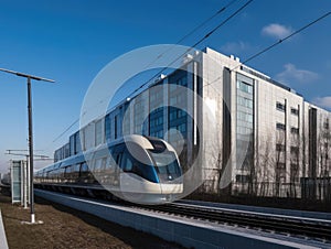 Speeding train through futuristic office architecture