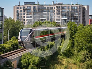 Speeding train through futuristic office architecture