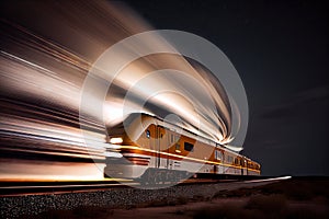 a speeding train, with a long exposure and dramatic motion blur in the night sky
