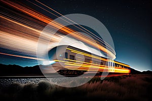 a speeding train, with a long exposure and dramatic motion blur in the night sky