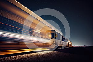 a speeding train, with a long exposure and dramatic motion blur in the night sky