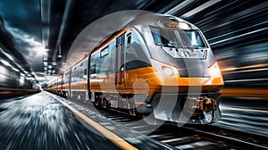 Speeding train with motion blur at night