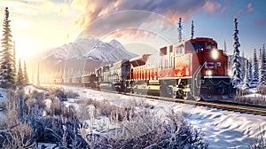 A speeding train in the vastness of alaska