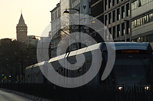 Speeding tram on street of Istanbul