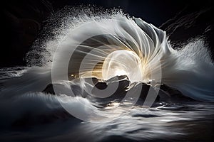 speedlight bouncing off water, with long exposure and blurred motion of waves